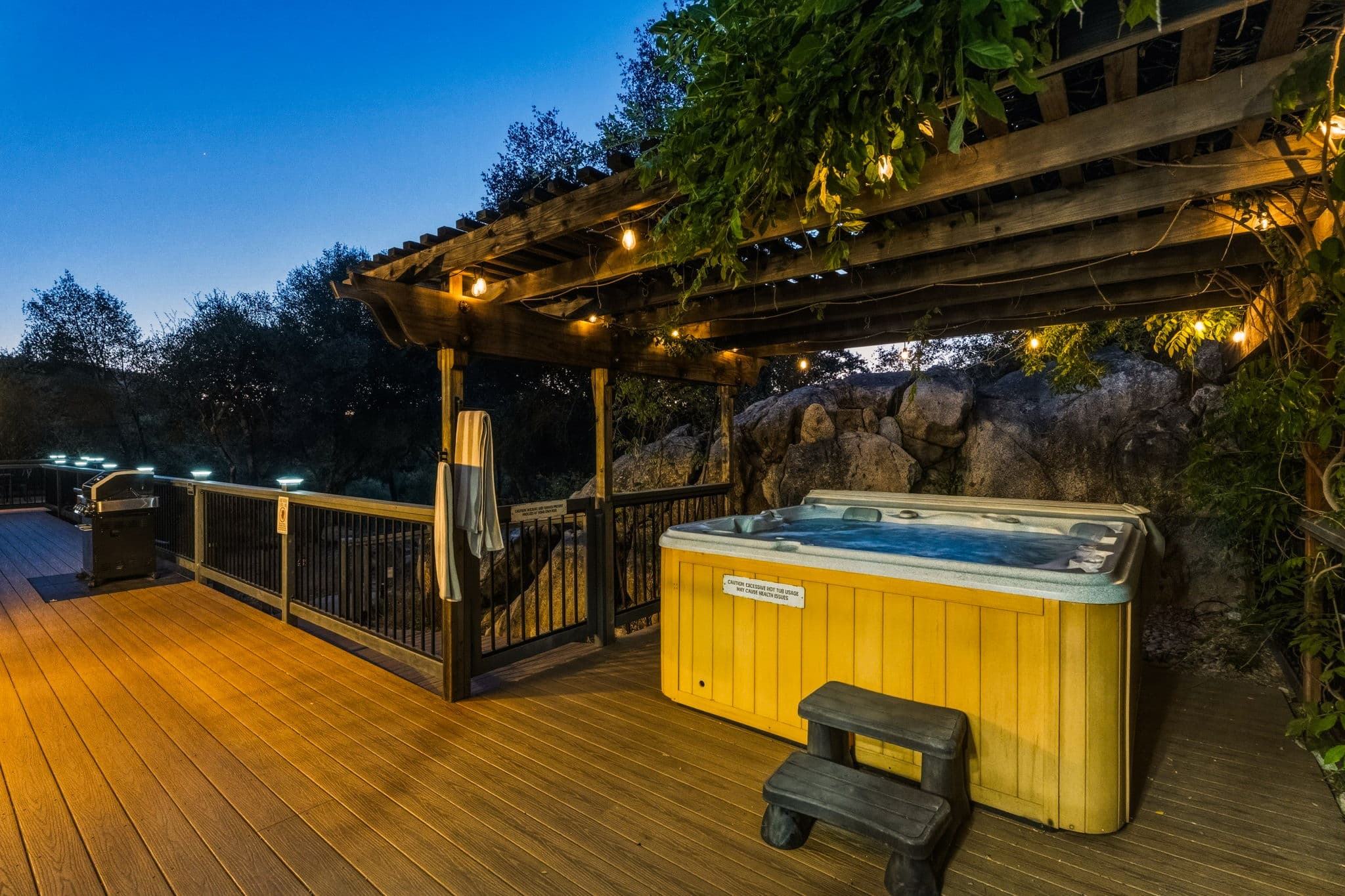 Private hot tub under a vine-covered pergola